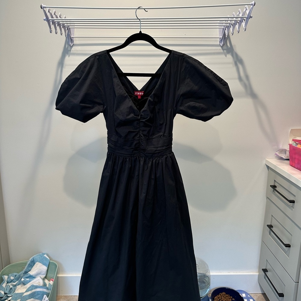Staud Black Midi Dress with puff sleeve
